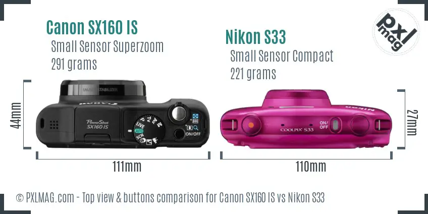 Canon SX160 IS vs Nikon S33 top view buttons comparison Canon SX160 IS vs Nikon S33 top view buttons comparison