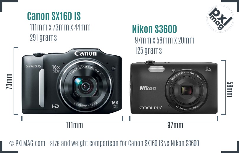 Canon SX160 IS vs Nikon S3600 size comparison