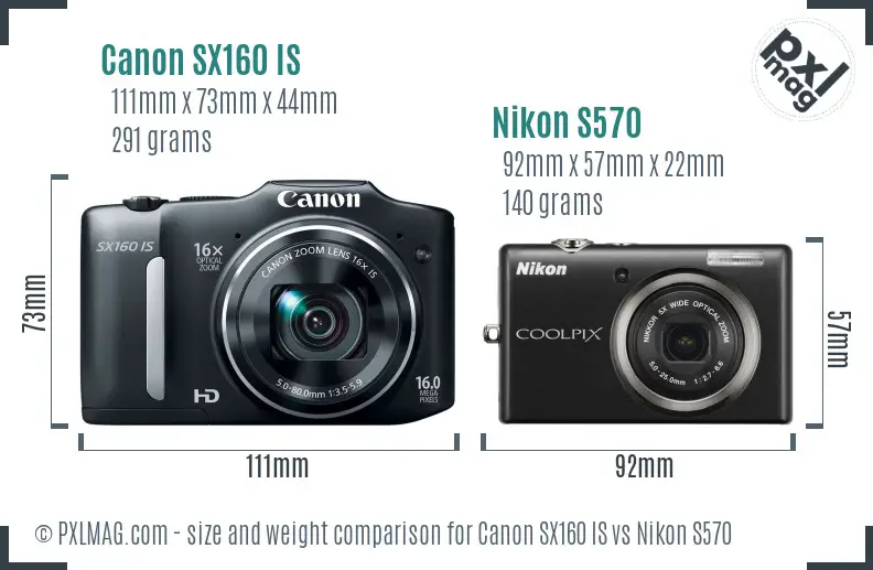 Canon SX160 IS vs Nikon S570 size comparison