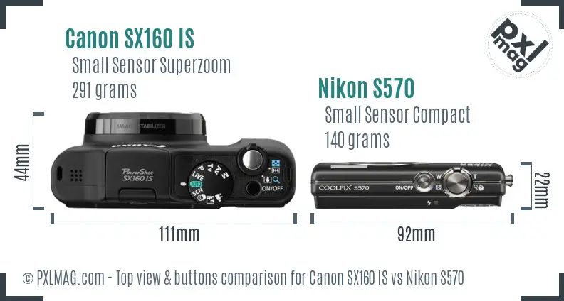 Canon SX160 IS vs Nikon S570 top view buttons comparison