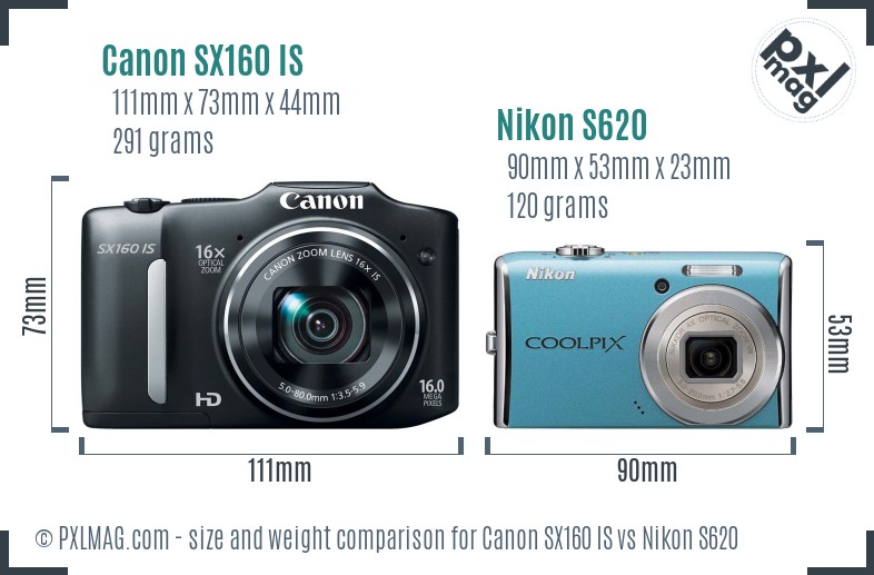 Canon SX160 IS vs Nikon S620 size comparison Canon SX160 IS vs Nikon S620 size comparison