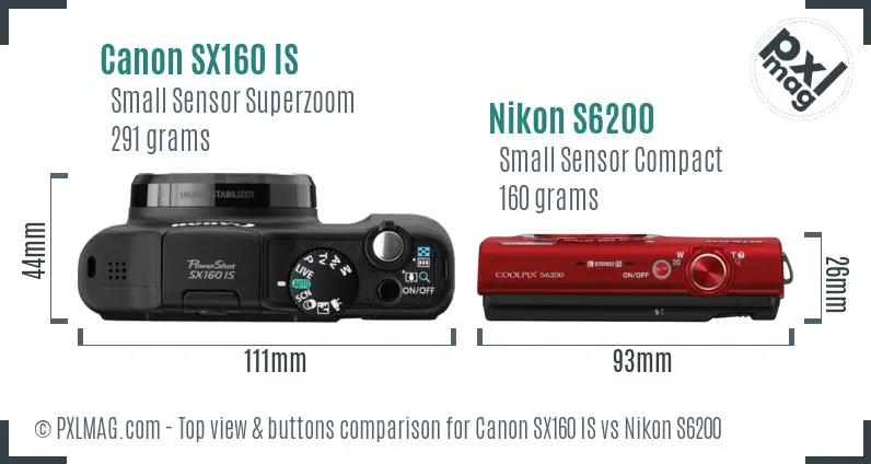 Canon SX160 IS vs Nikon S6200 top view buttons comparison Canon SX160 IS vs Nikon S6200 top view buttons comparison