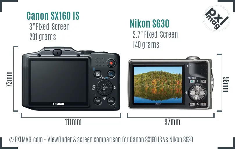 Canon SX160 IS vs Nikon S630 Screen and Viewfinder comparison