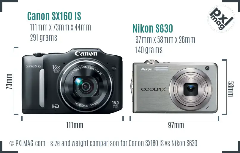 Canon SX160 IS vs Nikon S630 size comparison
