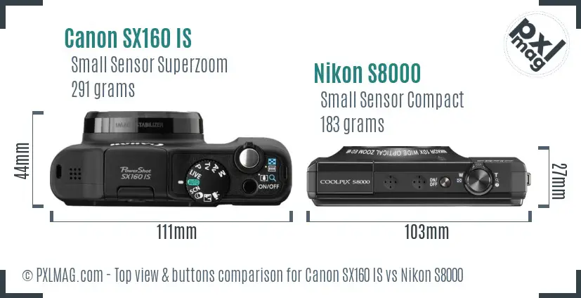 Canon SX160 IS vs Nikon S8000 top view buttons comparison