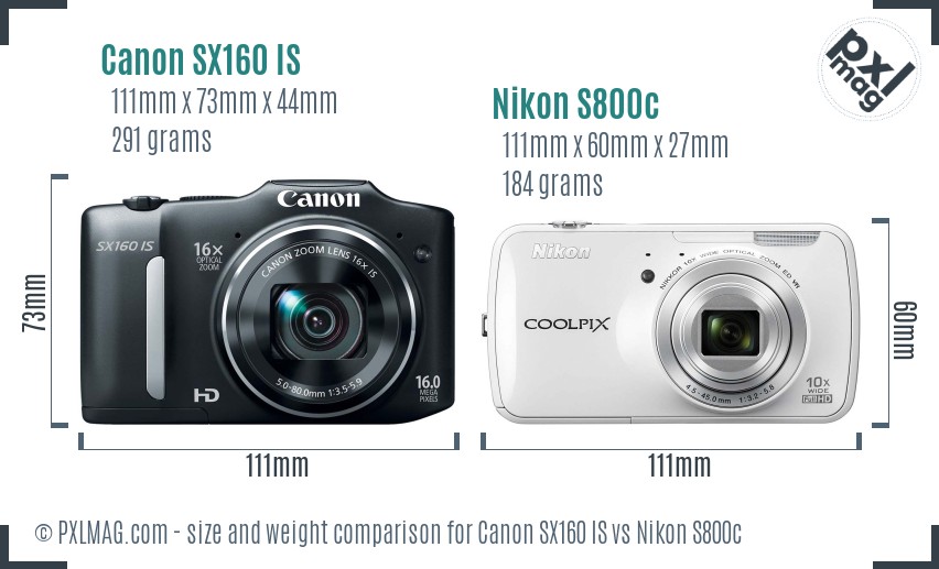 Canon SX160 IS vs Nikon S800c size comparison