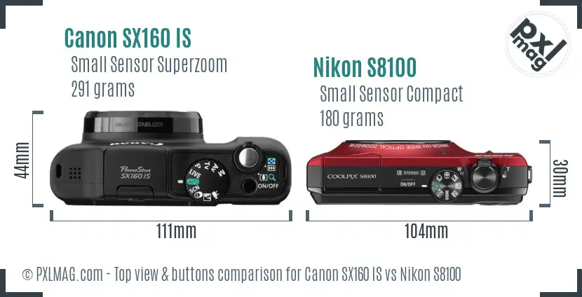 Canon SX160 IS vs Nikon S8100 top view buttons comparison