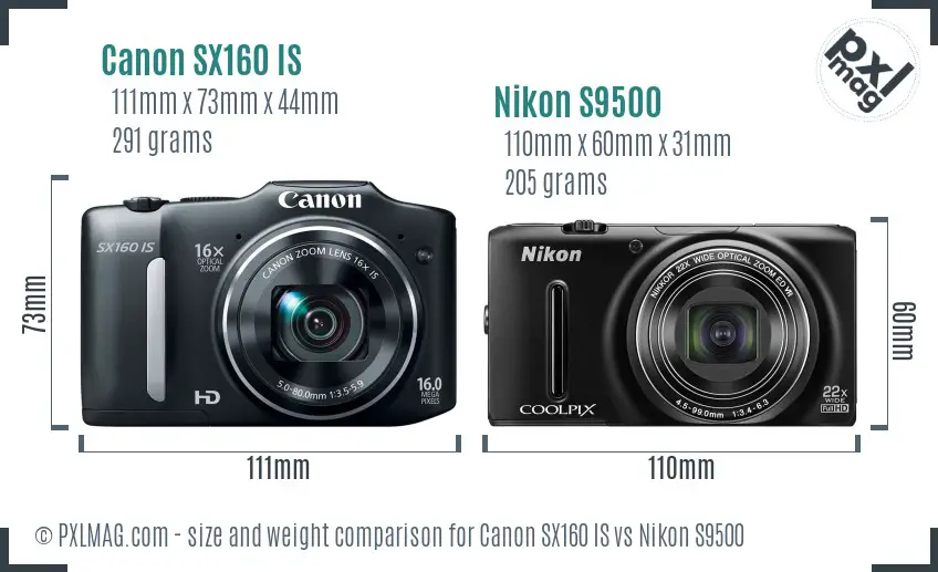 Canon SX160 IS vs Nikon S9500 size comparison
