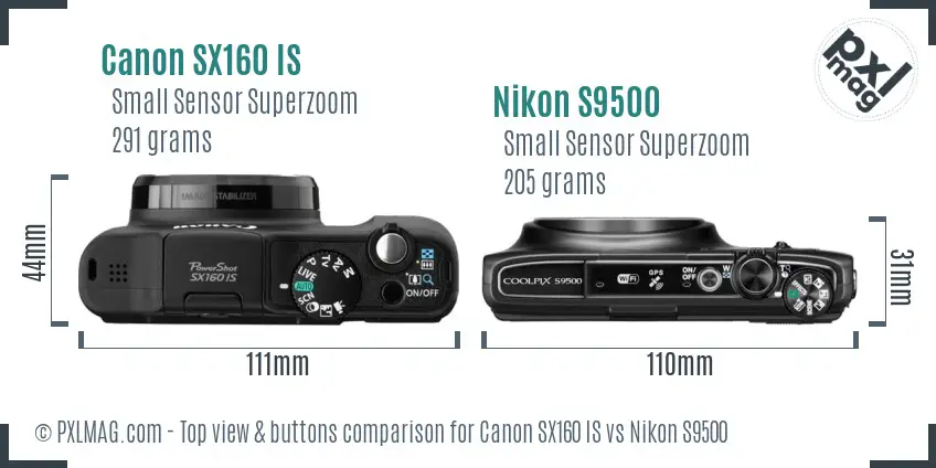 Canon SX160 IS vs Nikon S9500 top view buttons comparison