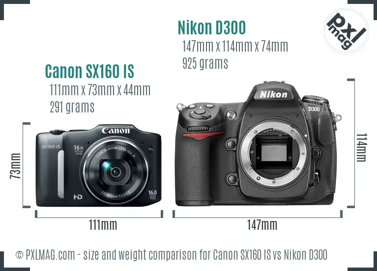 Canon SX160 IS vs Nikon D300 size comparison