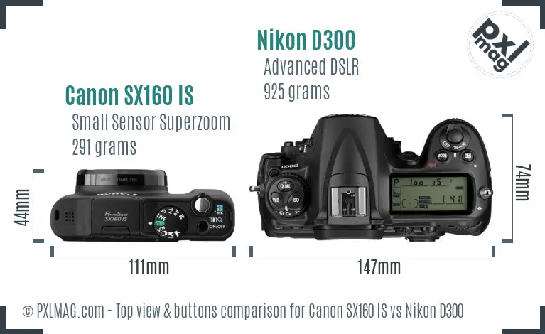 Canon SX160 IS vs Nikon D300 top view buttons comparison