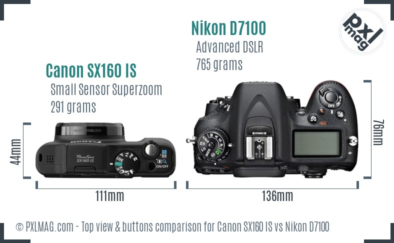 Canon SX160 IS vs Nikon D7100 top view buttons comparison