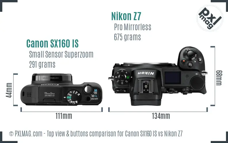 Canon SX160 IS vs Nikon Z7 top view buttons comparison