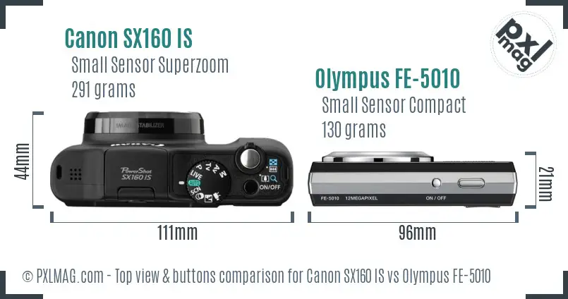 Canon SX160 IS vs Olympus FE-5010 top view buttons comparison