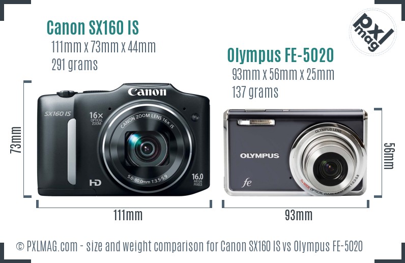 Canon SX160 IS vs Olympus FE-5020 size comparison Canon SX160 IS vs Olympus FE-5020 size comparison