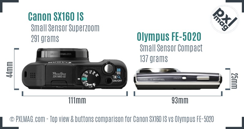 Canon SX160 IS vs Olympus FE-5020 top view buttons comparison