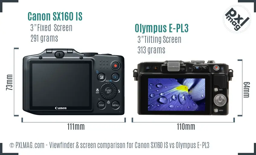 Canon SX160 IS vs Olympus E-PL3 Screen and Viewfinder comparison