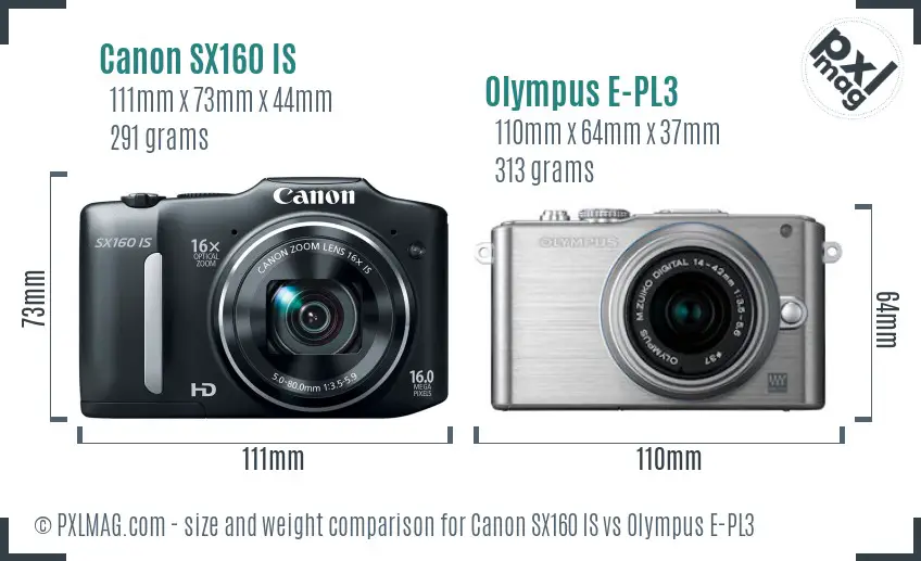 Canon SX160 IS vs Olympus E-PL3 size comparison
