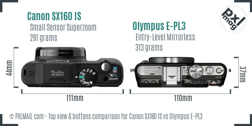 Canon SX160 IS vs Olympus E-PL3 top view buttons comparison
