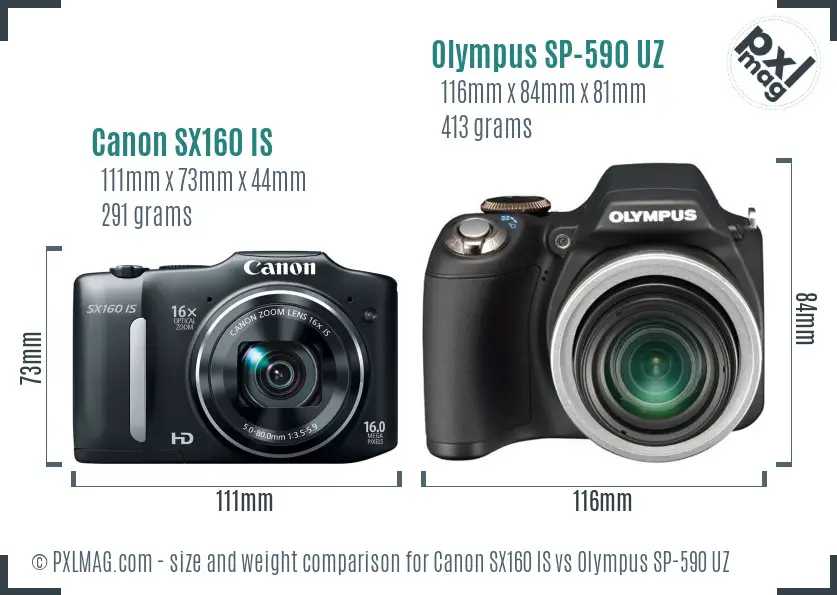 Canon SX160 IS vs Olympus SP-590 UZ size comparison Canon SX160 IS vs Olympus SP-590 UZ size comparison