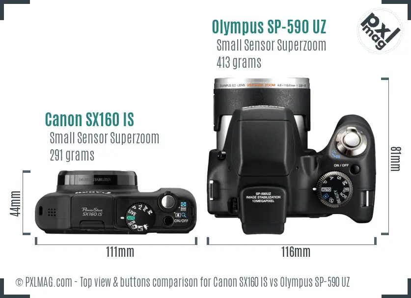 Canon SX160 IS vs Olympus SP-590 UZ top view buttons comparison Canon SX160 IS vs Olympus SP-590 UZ top view buttons comparison