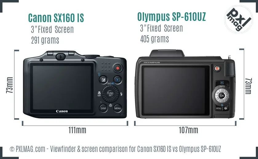 Canon SX160 IS vs Olympus SP-610UZ Screen and Viewfinder comparison