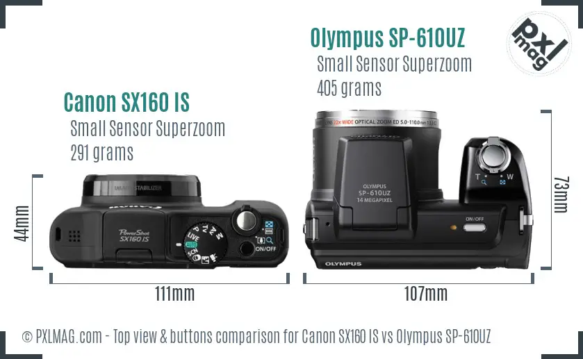 Canon SX160 IS vs Olympus SP-610UZ top view buttons comparison