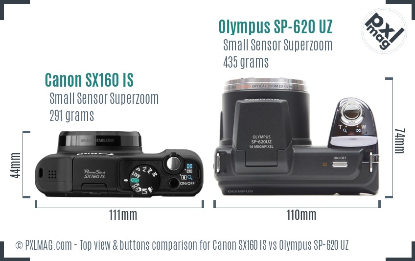 Canon SX160 IS vs Olympus SP-620 UZ top view buttons comparison