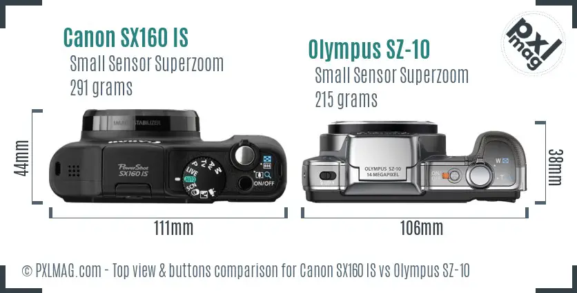 Canon SX160 IS vs Olympus SZ-10 top view buttons comparison