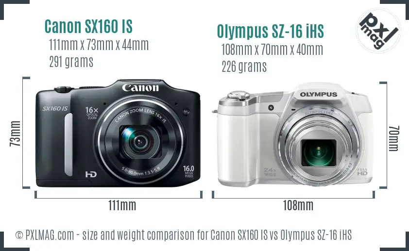 Canon SX160 IS vs Olympus SZ-16 iHS size comparison Canon SX160 IS vs Olympus SZ-16 iHS size comparison