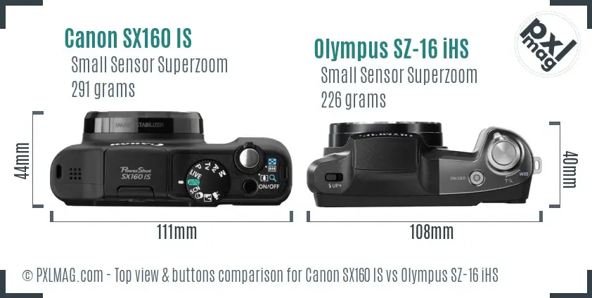 Canon SX160 IS vs Olympus SZ-16 iHS top view buttons comparison Canon SX160 IS vs Olympus SZ-16 iHS top view buttons comparison