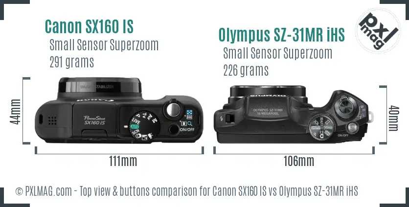 Canon SX160 IS vs Olympus SZ-31MR iHS top view buttons comparison Canon SX160 IS vs Olympus SZ-31MR iHS top view buttons comparison
