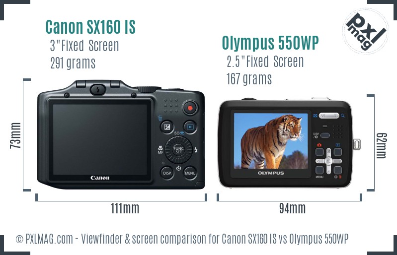 Canon SX160 IS vs Olympus 550WP Screen and Viewfinder comparison