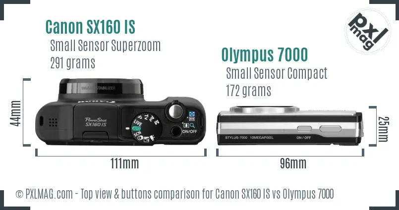 Canon SX160 IS vs Olympus 7000 top view buttons comparison Canon SX160 IS vs Olympus 7000 top view buttons comparison