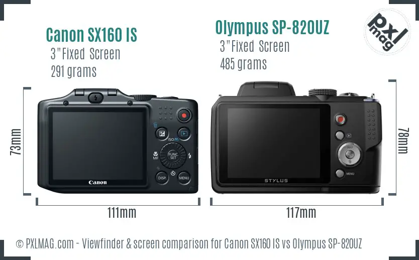 Canon SX160 IS vs Olympus SP-820UZ Screen and Viewfinder comparison