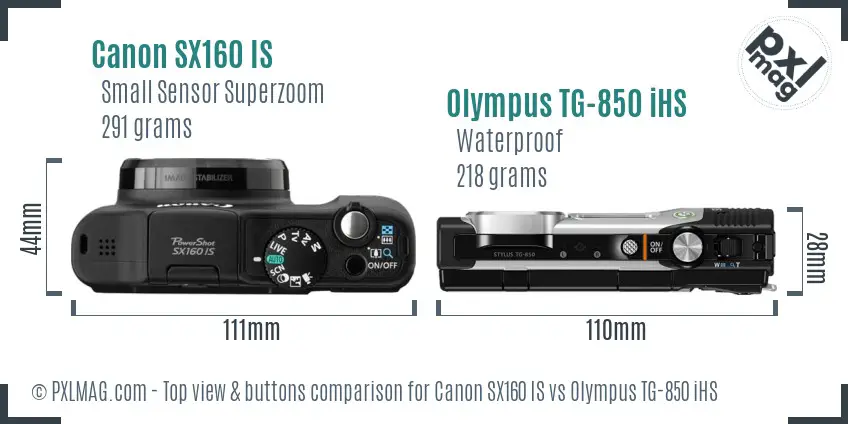Canon SX160 IS vs Olympus TG-850 iHS top view buttons comparison