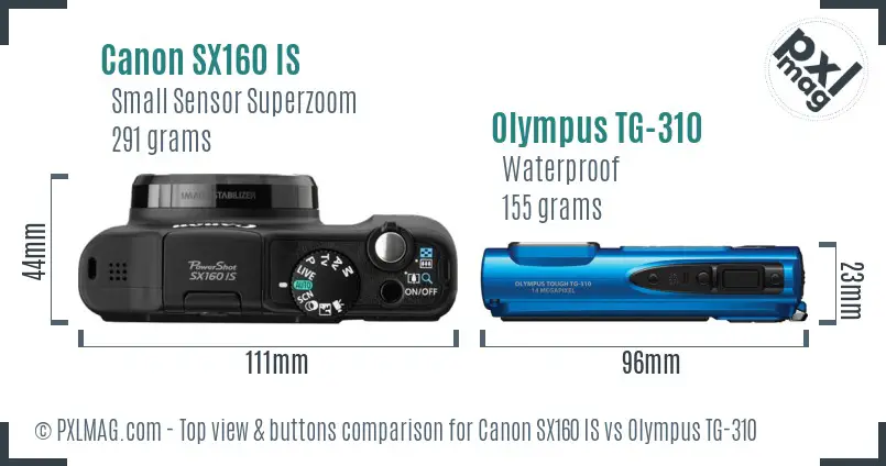 Canon SX160 IS vs Olympus TG-310 top view buttons comparison