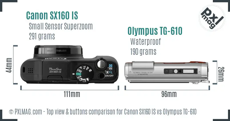 Canon SX160 IS vs Olympus TG-610 top view buttons comparison