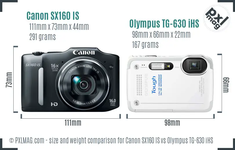 Canon SX160 IS vs Olympus TG-630 iHS size comparison Canon SX160 IS vs Olympus TG-630 iHS size comparison