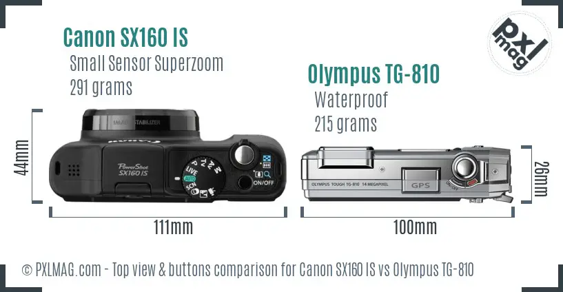 Canon SX160 IS vs Olympus TG-810 top view buttons comparison Canon SX160 IS vs Olympus TG-810 top view buttons comparison