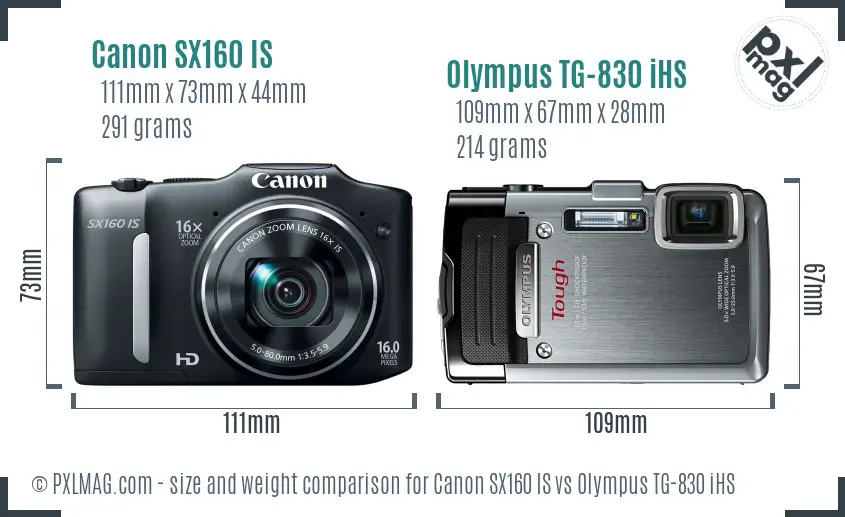 Canon SX160 IS vs Olympus TG-830 iHS size comparison