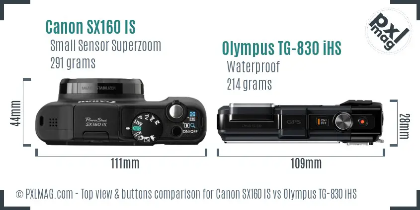 Canon SX160 IS vs Olympus TG-830 iHS top view buttons comparison