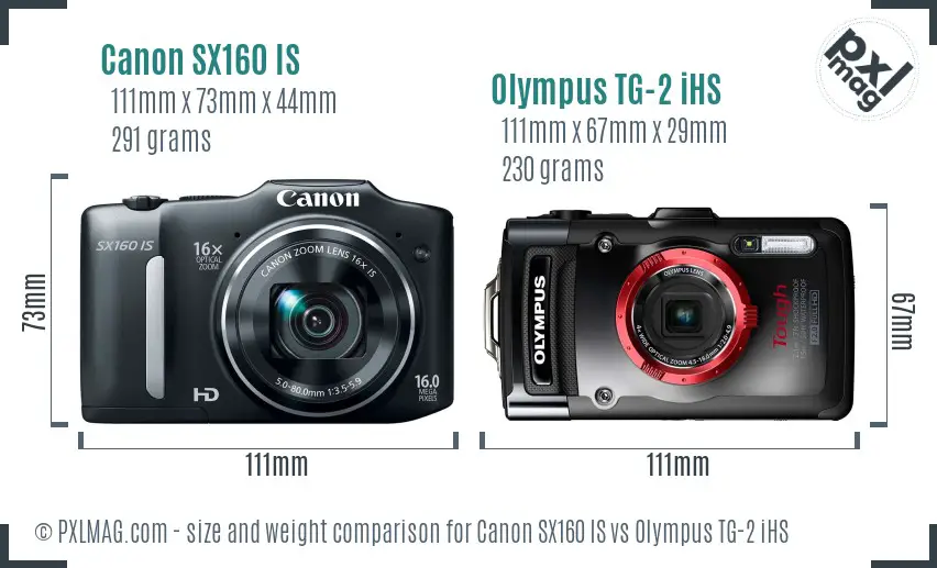 Canon SX160 IS vs Olympus TG-2 iHS size comparison