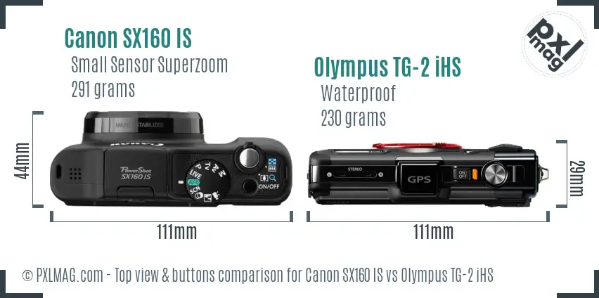 Canon SX160 IS vs Olympus TG-2 iHS top view buttons comparison