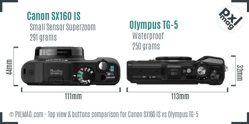 Canon SX160 IS vs Olympus TG-5 top view buttons comparison