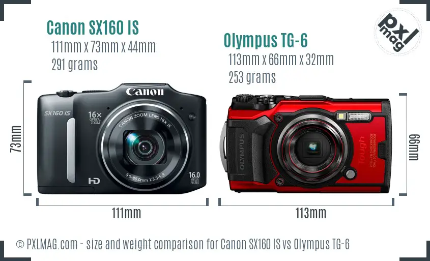 Canon SX160 IS vs Olympus TG-6 size comparison