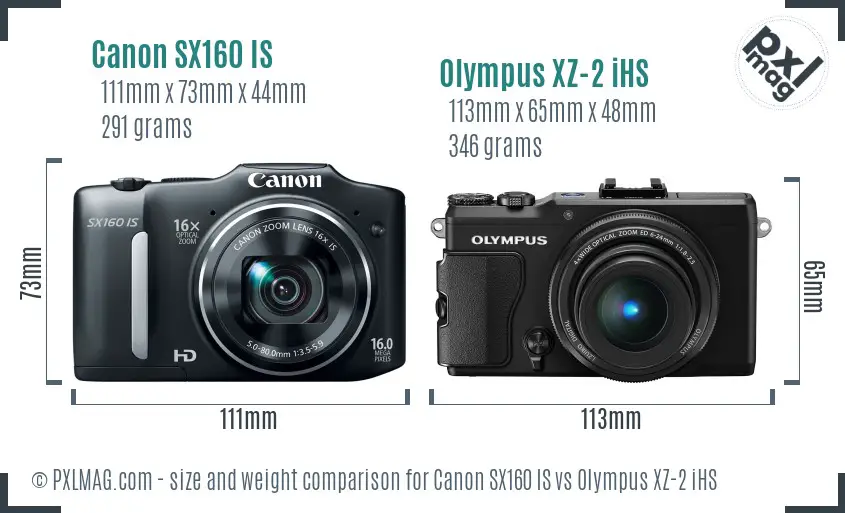 Canon SX160 IS vs Olympus XZ-2 iHS size comparison Canon SX160 IS vs Olympus XZ-2 iHS size comparison