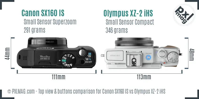 Canon SX160 IS vs Olympus XZ-2 iHS top view buttons comparison