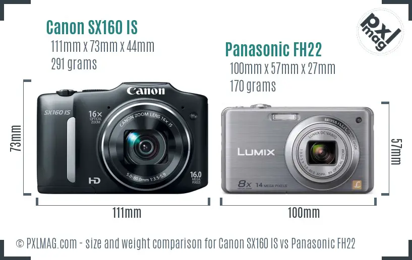 Canon SX160 IS vs Panasonic FH22 size comparison