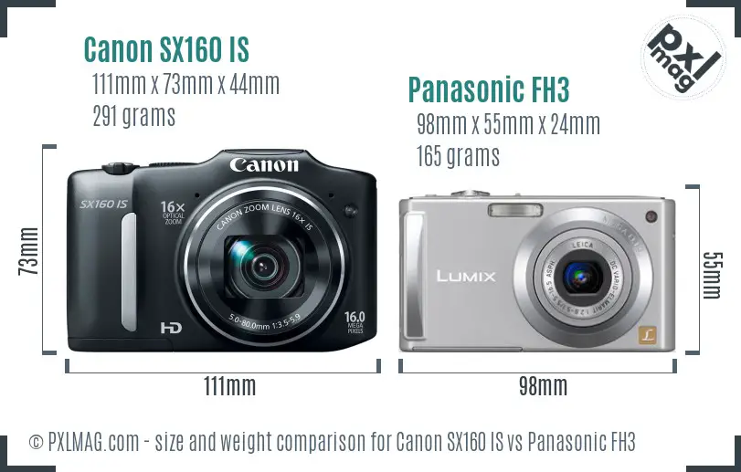 Canon SX160 IS vs Panasonic FH3 size comparison